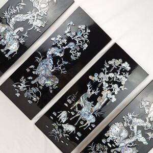 SOLD - Vintage Oriental Jungle Animal Lacquer Wall Panes Mother of Pearl Inlay